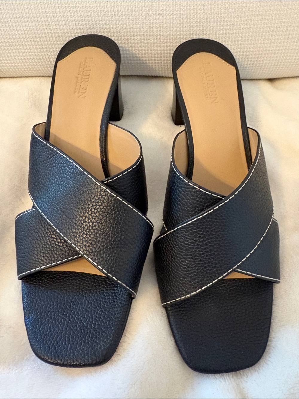Lauren Ralph Lauren Black Leather Crisscross Mule Heels